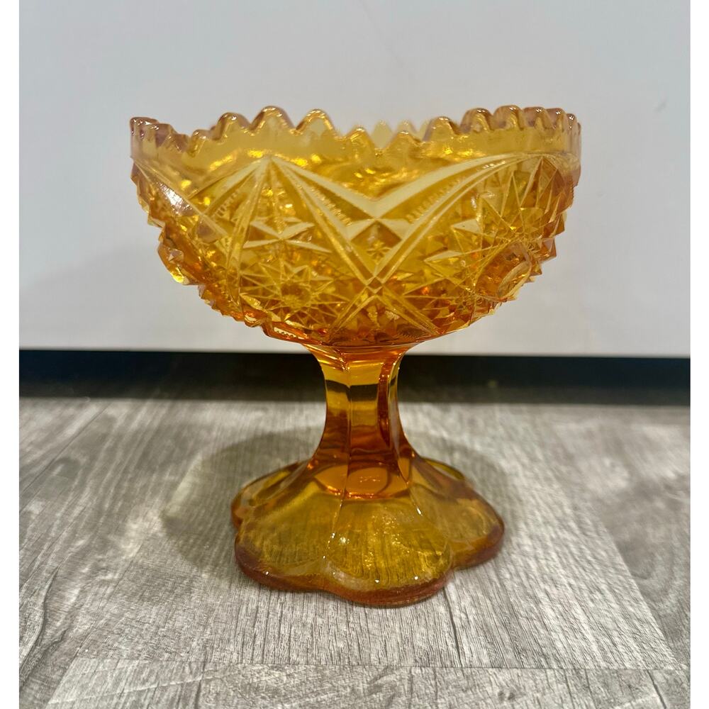 Vintage Kemple Amber Glass Pedestal Candy‎ Dish w/ Glass Inclusion on base